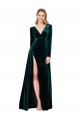 Verde oscuro línea A Cuello en V Barrer tren Terciopelo Elástico Largo Formales Vestidos de dama de honor / Vestidos de fiesta Al Por Mayor