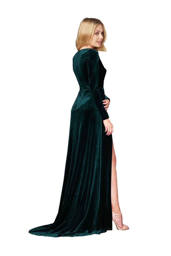 Verde oscuro línea A Cuello en V Barrer tren Terciopelo Elástico Largo Formales Vestidos de dama de honor / Vestidos de fiesta Al Por Mayor