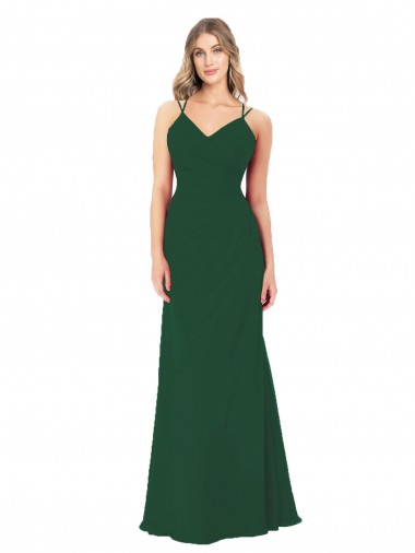 Verde oscuro línea A Cuello en V Cuello de Corazón Gasa Largo Vestidos de dama de honor Al Por Mayor