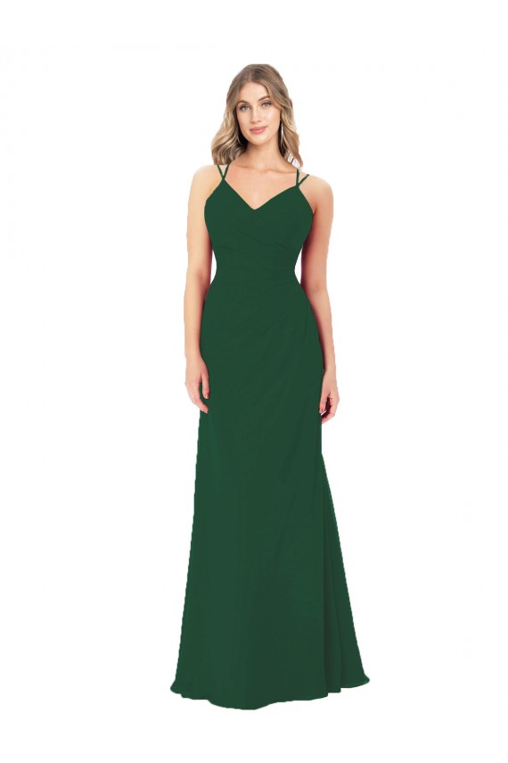 Verde oscuro línea A Cuello en V Cuello de Corazón Gasa Largo Vestidos de dama de honor Al Por Mayor