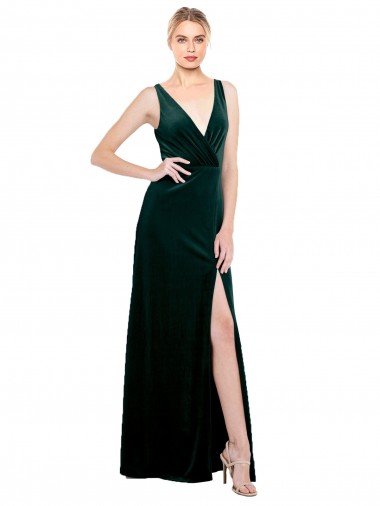 Verde oscuro línea A Cuello en V Terciopelo Elástico Largo Formales Vestidos de dama de honor / Vestidos de fiesta Al Por Mayor
