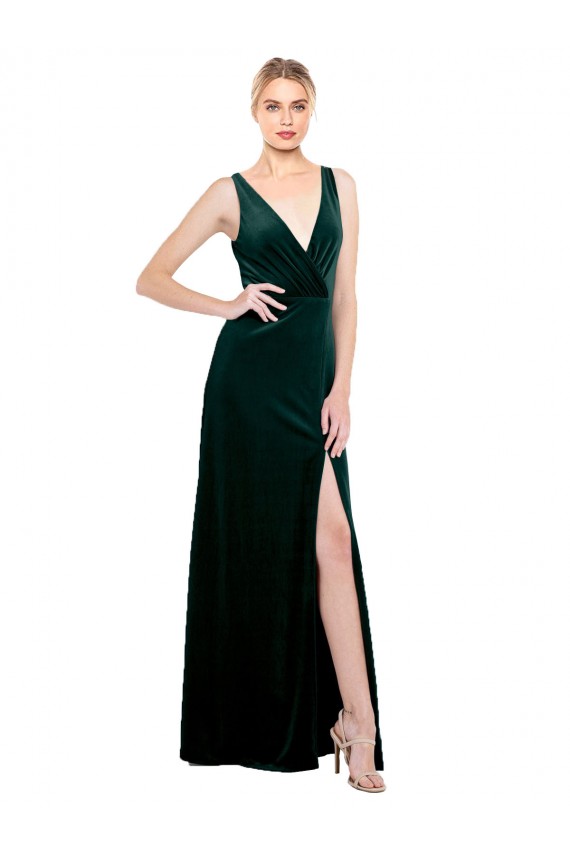 Verde oscuro línea A Cuello en V Terciopelo Elástico Largo Formales Vestidos de dama de honor / Vestidos de fiesta Al Por Mayor