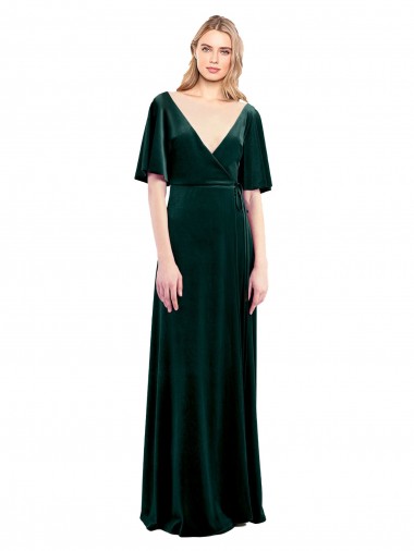 Verde oscuro línea A Cuello en V Terciopelo Elástico Largo Vestidos de dama de honor / Vestidos de fiesta Al Por Mayor