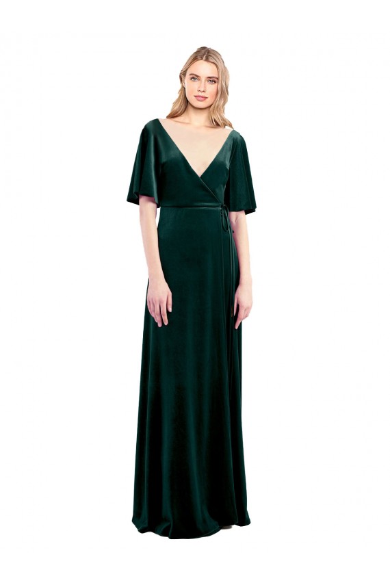 Verde oscuro línea A Cuello en V Terciopelo Elástico Largo Vestidos de dama de honor / Vestidos de fiesta Al Por Mayor