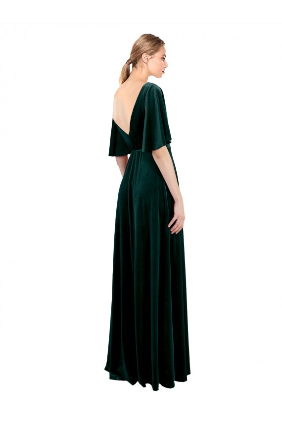 Verde oscuro línea A Cuello en V Terciopelo Elástico Largo Vestidos de dama de honor / Vestidos de fiesta Al Por Mayor