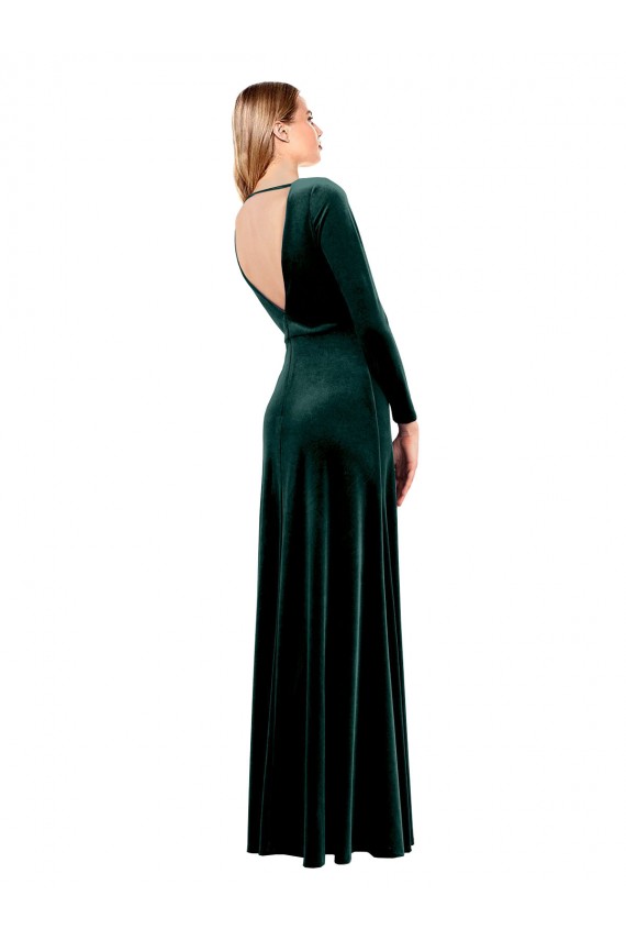 Verde oscuro línea A Cuello en V Terciopelo Elástico Largo Vestidos de dama de honor / Vestidos de fiesta Al Por Mayor