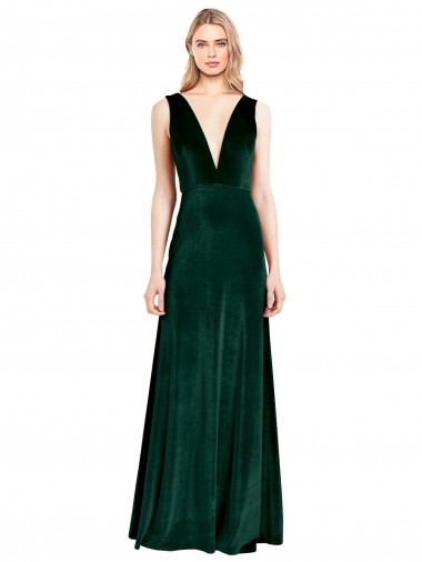 Verde oscuro línea A Cuello en V Terciopelo Elástico Largo Formales Vestidos de dama de honor / Vestidos de fiesta Al Por Mayor