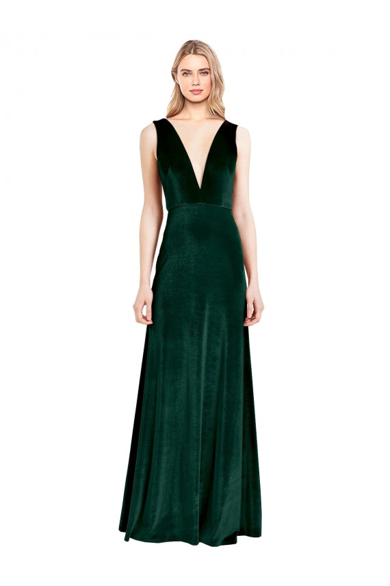 Verde oscuro línea A Cuello en V Terciopelo Elástico Largo Formales Vestidos de dama de honor / Vestidos de fiesta Al Por Mayor