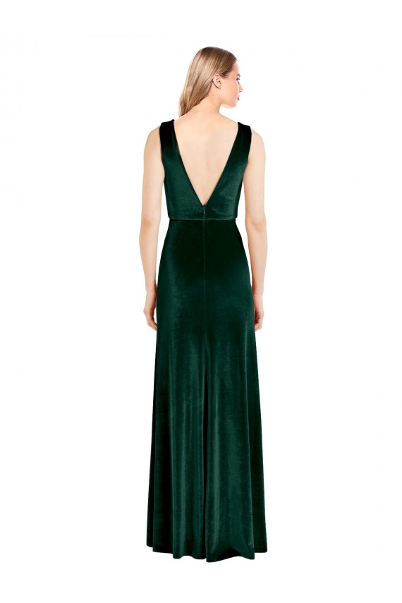 Verde oscuro línea A Cuello en V Terciopelo Elástico Largo Formales Vestidos de dama de honor / Vestidos de fiesta Al Por Mayor