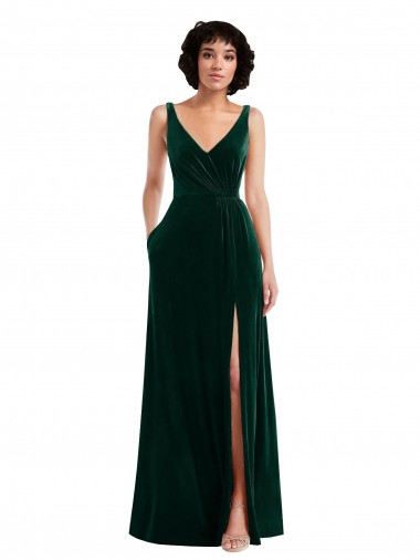 Verde oscuro línea A Cuello en V Terciopelo Elástico Largo Vestidos de dama de honor / Vestidos de fiesta Al Por Mayor