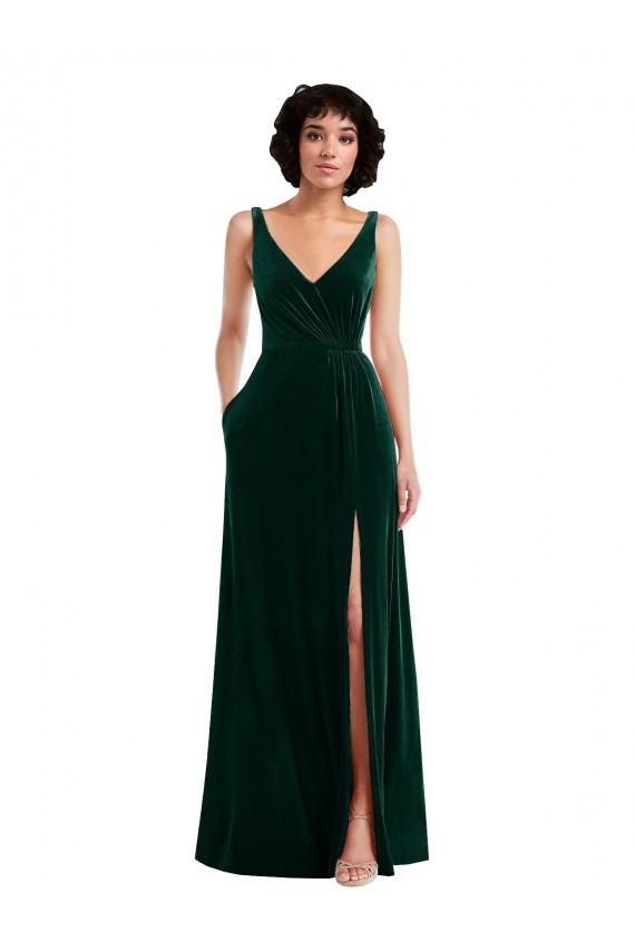 Verde oscuro línea A Cuello en V Terciopelo Elástico Largo Vestidos de dama de honor / Vestidos de fiesta Al Por Mayor