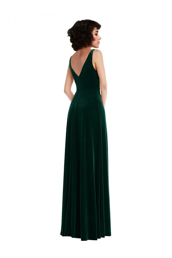 Verde oscuro línea A Cuello en V Terciopelo Elástico Largo Vestidos de dama de honor / Vestidos de fiesta Al Por Mayor