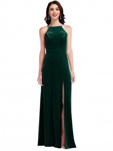 Verde oscuro línea A Halter Cuello Alto Terciopelo Elástico Largo Vestidos de dama de honor / Vestidos de fiesta Al Por Mayor