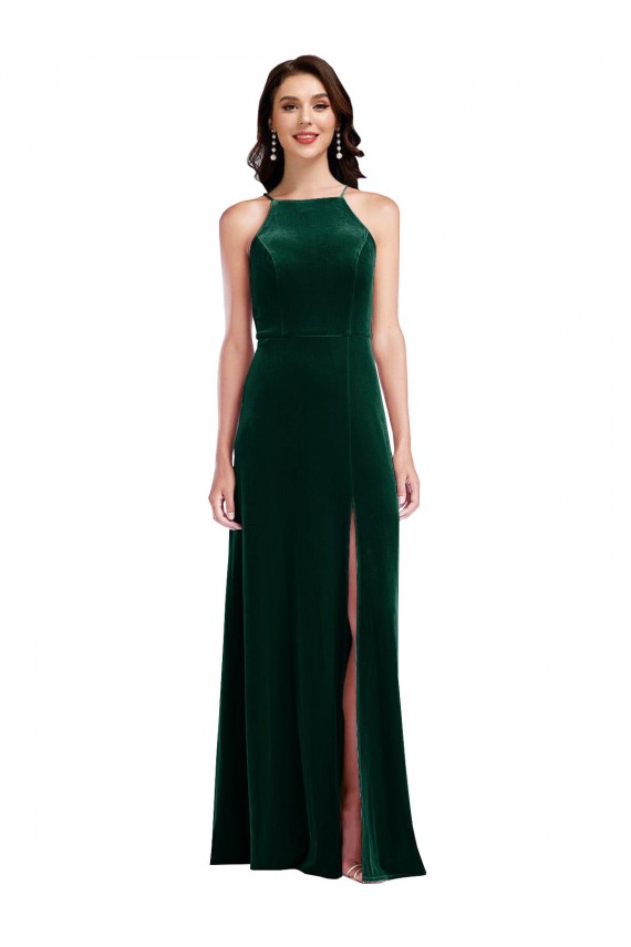 Verde oscuro línea A Halter Cuello Alto Terciopelo Elástico Largo Vestidos de dama de honor / Vestidos de fiesta Al Por Mayor