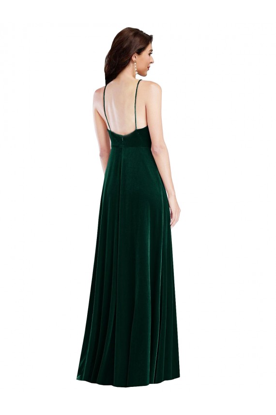 Verde oscuro línea A Halter Cuello Alto Terciopelo Elástico Largo Vestidos de dama de honor / Vestidos de fiesta Al Por Mayor