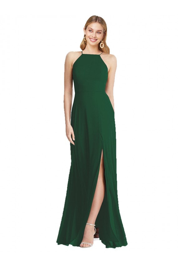 Verde oscuro línea A Tirantes espagueti Cuello Alto Gasa Largo Vestidos de dama de honor Al Por Mayor