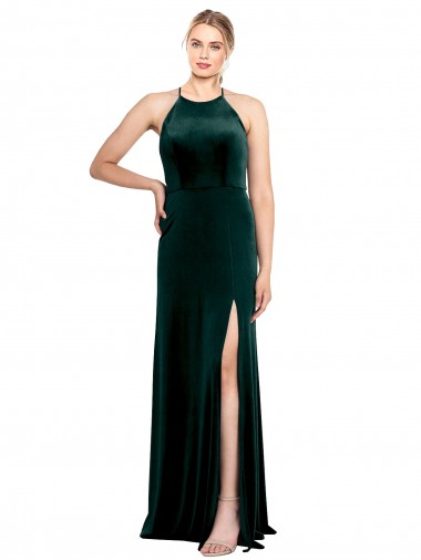 Verde oscuro línea A Tirantes espagueti Cuello joya Terciopelo Elástico Largo Vestidos de dama de honor / Vestidos de fiesta Al Por Mayor