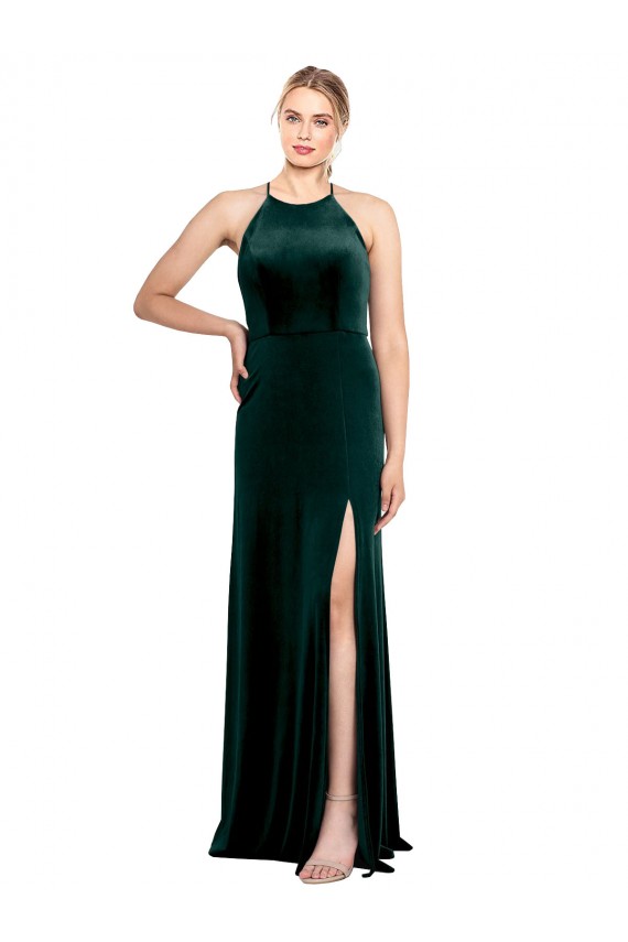 Verde oscuro línea A Tirantes espagueti Cuello joya Terciopelo Elástico Largo Vestidos de dama de honor / Vestidos de fiesta Al Por Mayor