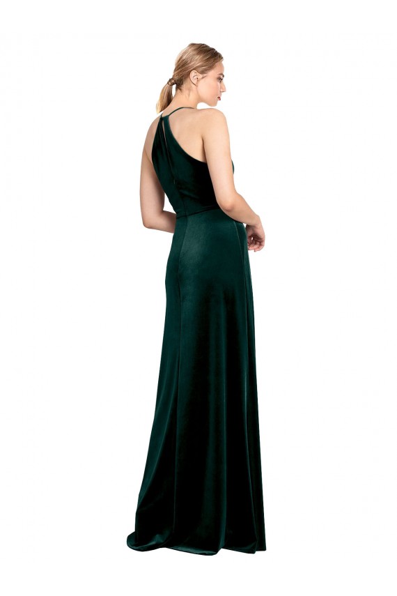 Verde oscuro línea A Tirantes espagueti Cuello joya Terciopelo Elástico Largo Vestidos de dama de honor / Vestidos de fiesta Al Por Mayor