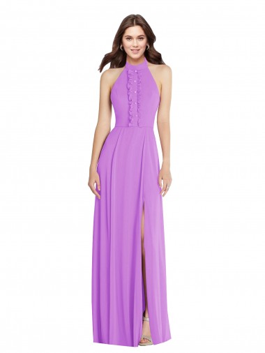 Violeta línea A Halter Gasa Largo Formales Vestidos de dama de honor / Vestidos de noche Al Por Mayor