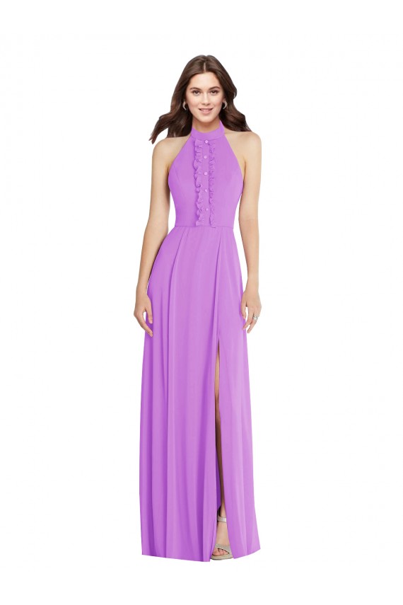 Violeta línea A Halter Gasa Largo Formales Vestidos de dama de honor / Vestidos de noche Al Por Mayor
