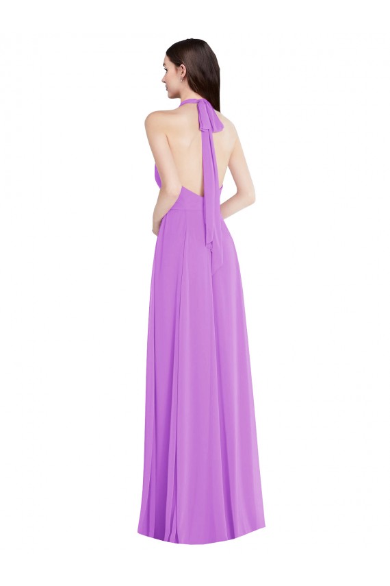Violeta línea A Halter Gasa Largo Formales Vestidos de dama de honor / Vestidos de noche Al Por Mayor