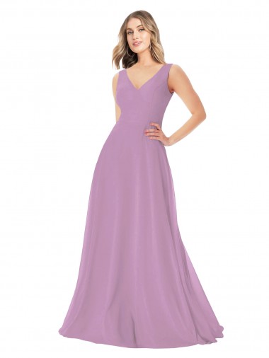 lavanda oscura línea A Cuello en V Gasa Largo Vestidos de dama de honor Al Por Mayor
