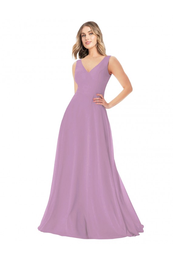 lavanda oscura línea A Cuello en V Gasa Largo Vestidos de dama de honor Al Por Mayor