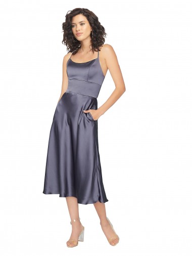 línea A Cucharón Midi Satén sedoso Corto Vestidos de dama de honor / Vestidos de fiesta / Vestidos de cóctel Al Por Mayor
