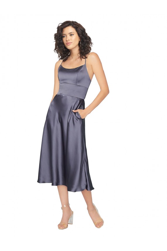 línea A Cucharón Midi Satén sedoso Corto Vestidos de dama de honor / Vestidos de fiesta / Vestidos de cóctel Al Por Mayor