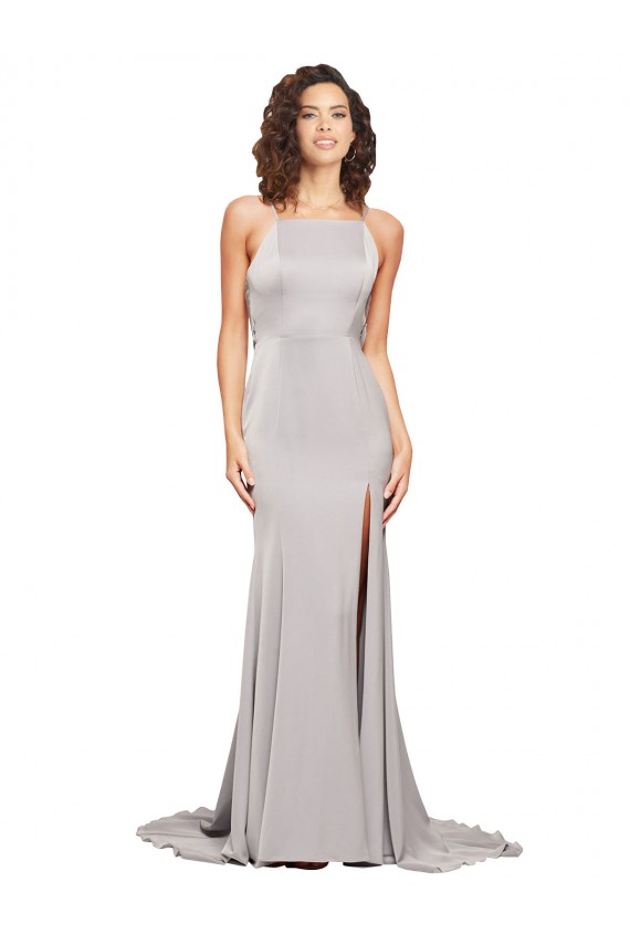 línea A Cuello Alto Barrer tren Satén elástico Largo Formales Vestidos de dama de honor / Vestidos de fiesta Al Por Mayor