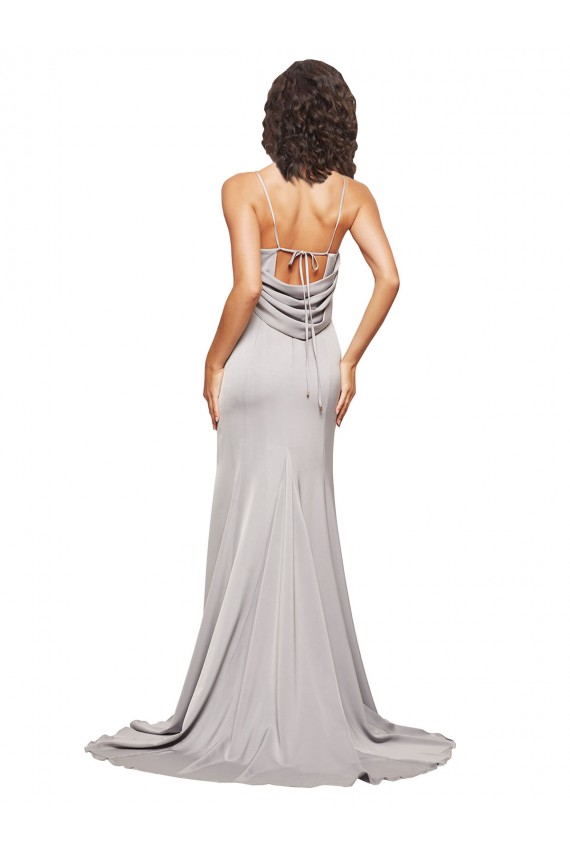 línea A Cuello Alto Barrer tren Satén elástico Largo Formales Vestidos de dama de honor / Vestidos de fiesta Al Por Mayor